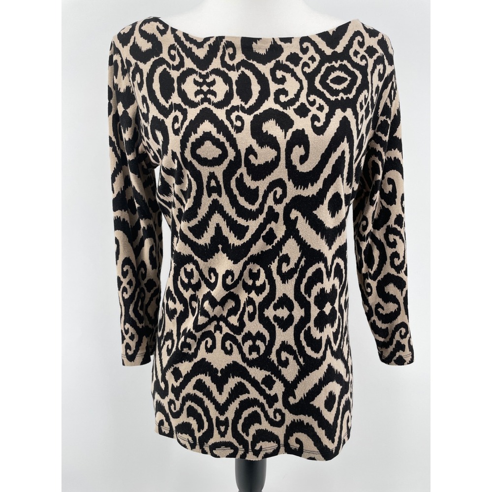 Jones New York Ikat Damask Top Womens Medium Tan Black Boho Chic Travel Cotton